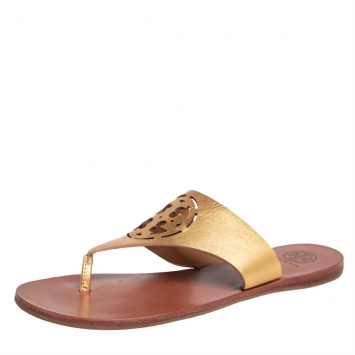 Pre Owned Tory Burch Gold Leather Thong Flats Sandals Size 37.5