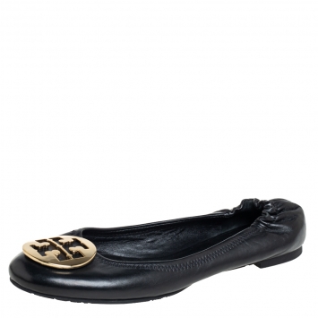 Pre Owned Tory Burch Black Leather Reva Logo Ballet Flats Size 39.5