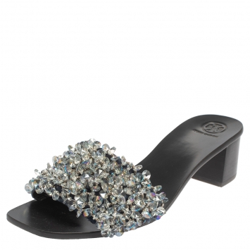 Pre Owned Tory Burch Navy Blue Satin Crystal Embellished Logan Slide Sandals Size 41