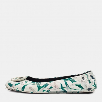 Pre Owned Tory Burch White/Green Floral Printed Leather Minnie Ballet Flats Size 39