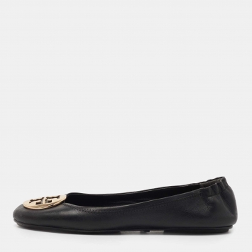 Pre Owned Tory Burch Black Leather Minnie Travel Ballet Flats Size 39.5