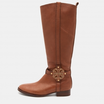 Pre Owned Tory Burch Brown Leather Logo Knee Length Boots Size 39