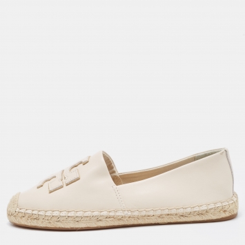 Pre Owned Tory Burch Cream Leather Slip On Espadrille Flats Size 39