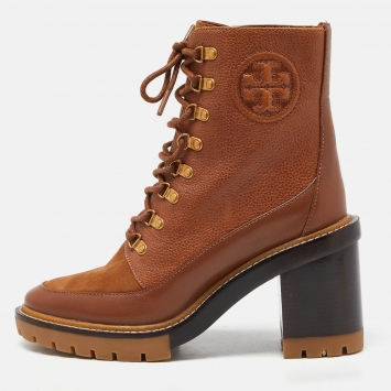 Pre Owned Tory Burch Brown Leather and Suede Block Heel Ankle Boots Size 38