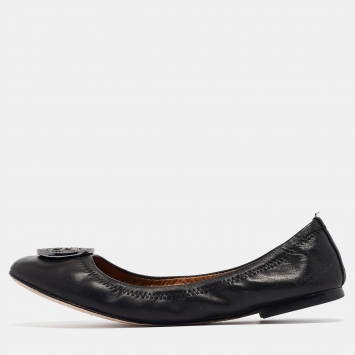 Pre Owned Tory Burch Black Leather Scrunch Ballet Flats Size 38