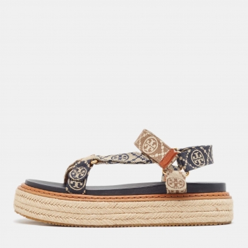 Pre Owned Tory Burch Blue/Beige Monogram Canvas Espadrille Ankle Strap Flat Sandals Size 39