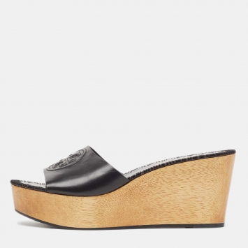 Pre Owned Tory Burch Black Leather Wedge Sandals Size 39