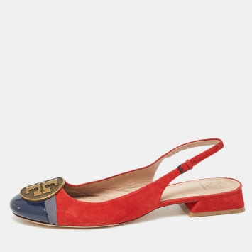Pre Owned Tory Burch Red/Blue Suede and Patent Leather Slingback Flat Sandals Size 40
