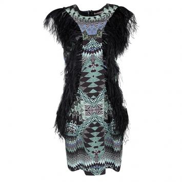 Pre Owned Matthew Williamson AW'11 Multicolor Printed Feather Detail Sleeveless Silk Dress M