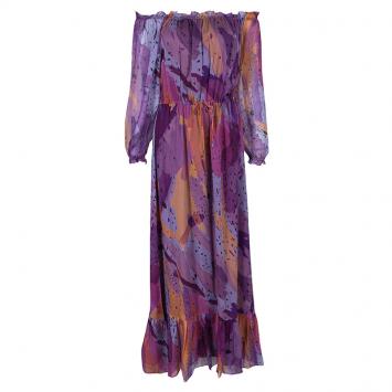Pre Owned Diane Von Furstenberg Multicolor Printed Silk Tie Detail Off Shoulder Camila Maxi Dress M