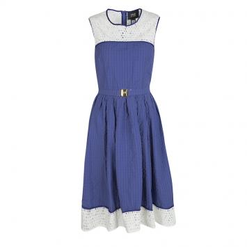 Pre Owned Cavalli Class Blue Seersucker Cotton Lace Insert Belted Sleeveless Dress S 