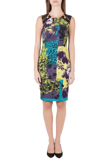 Pre Owned Versace Multicolor Baroque Print Medusa Zip Trim Sleeveless Pencil Dress S