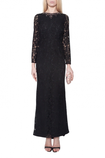 Pre Owned Needle & Thread Black Floral Lace Embellished Neck Gown S