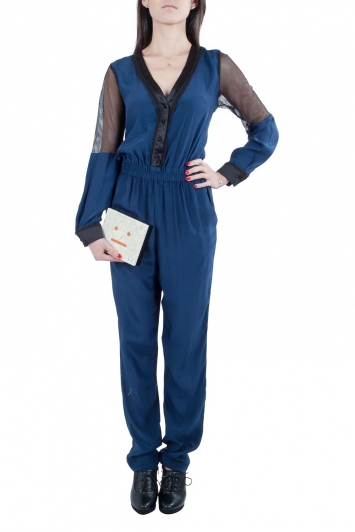 Pre Owned Jonathan Simkhai Navy Blue Silk Long Sleeve Mesh Panel Jumpsuit S 