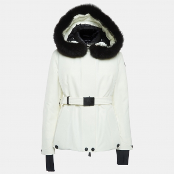Pre Owned Moncler Off-White Synthetic and Fur Detachable Hood Down Jacket M