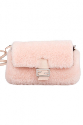 Pre Owned Fendi Light Apricot Sherling Micro Baguette Crossbody Bag