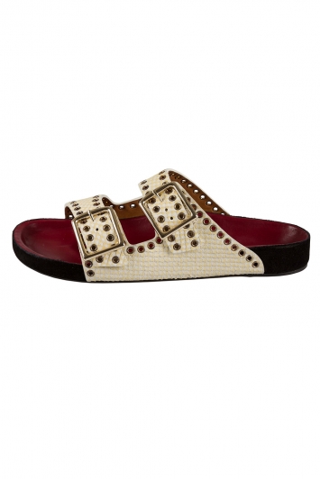 Pre Owned Isabel Marant Cream Python Embossed Leather Lenny Eyelet Studded Slides Size 38