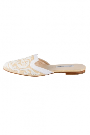 Pre Owned Oscar De Renta Beige And White Embroidered Raffia Calista Slippers Size 37