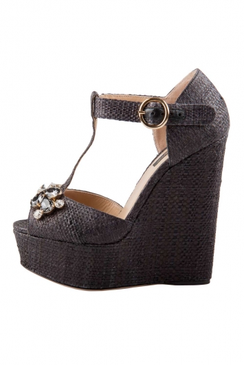 Pre Owned Dolce & Gabbana Black Crystal Embellished Raffia T Strap Wedge Peep Toe Sandals Size 36