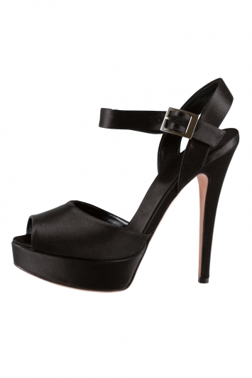 Pre Owned Giambattista Valli Black Satin Peep Toe Ankle Strap Platform Sandals Size 37