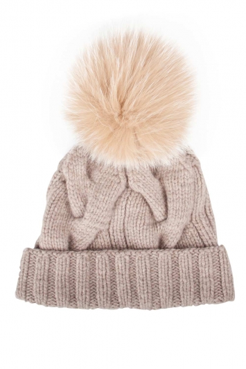 Pre Owned Loro Piana Beige Baby Cashmere Beige Fox Fur Pom Pom Detail Beanie Hat