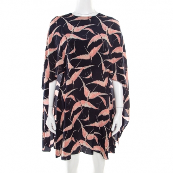 Pre Owned Valentino Navy Blue Swallow Print Silk Mini Capelet Dress M