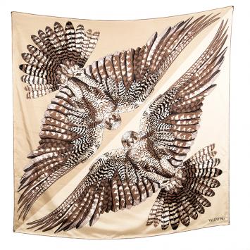 Pre Owned Valentino Beige Eagle Printed Silk Square Scarf