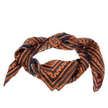 Pre Owned Valentino Tribal Navy Blue and Orange Giraffe Printed Silk Square Scarf