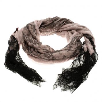 Pre Owned Valentino Blush Pink Lace Printed Modal and Silk Scalloped Lace Detail Scarf