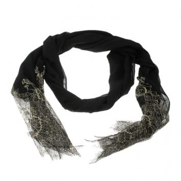 Pre Owned Valentino Black Wool and Silk Scalloped Metallic Lace Edge Scarf