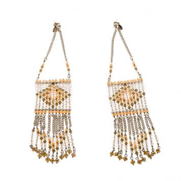 Pre Owned Valentino Multicolor Navajo Beaded Geometric Fringe Gold Tone Long Chain Earrings 
