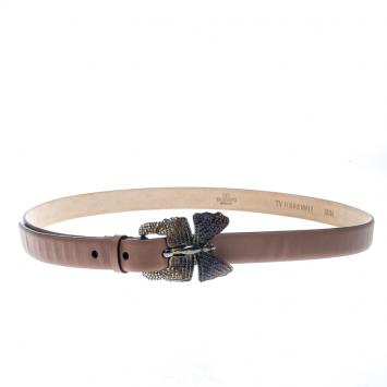 Pre Owned Valentino Cedar Brown Leather Crystal Embellished Butterfly Buckle Belt 85cm