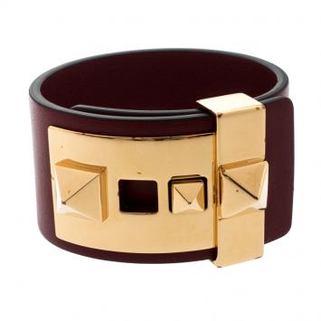Pre Owned Valentino Rockstud Burgundy Leather Gold Tone Wide Bracelet