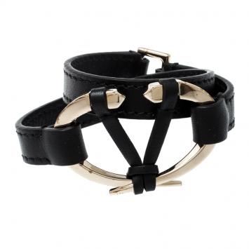 Pre Owned Valentino Black Leather V Rivet Double Wrap Bracelet M