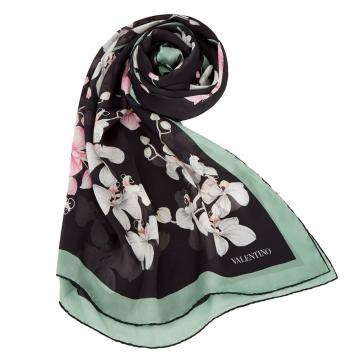 Pre Owned Valentino Black Orchid Print Silk Shawl