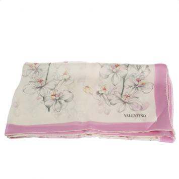 Pre Owned Valentino White Orchid Print Silk Shawl