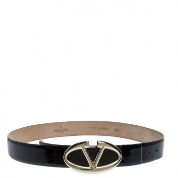 Pre Owned Valentino Black Patent Leather Logo Platino Belt 85cm