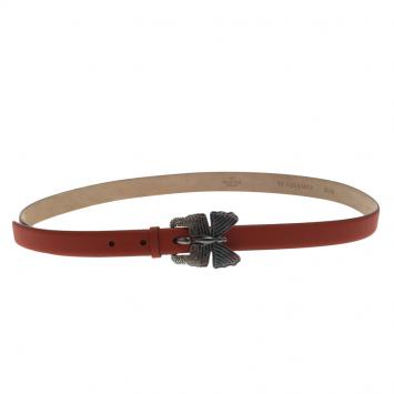 Pre Owned Valentino Red Leather Crystal Embellished Butterfly Buckle Belt 90 CM
