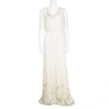 Pre Owned Valentino Pale Yellow Floral Printed Silk Draped Neck Evening Gown L