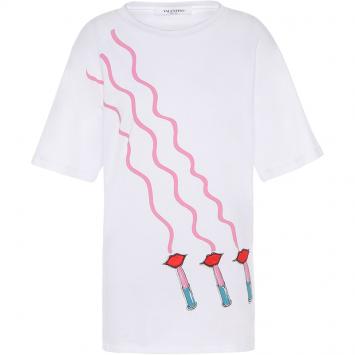 Pre Owned Valentino Bianco Lipstick Waves Printed Jersey Embroidery Crew Neck T-Shirt L