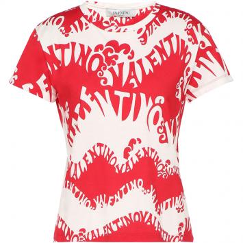 Pre Owned Valentino Rosso/Bianco Valentino Waves Printed Jersey Crew Neck T-Shirt L