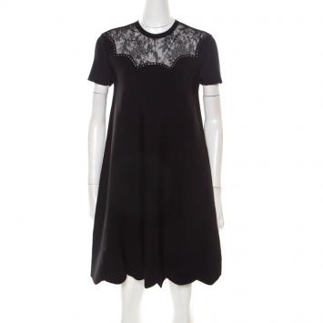 Pre Owned Valentino Black Lace Panels Scalloped Hem Rockstud Knit Dress M
