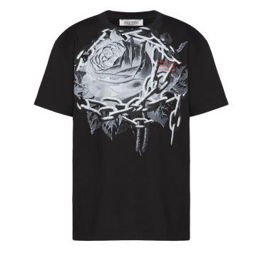 Pre Owned Valentino Black Chain Rose by Undercover Print Jersey Crew Neck T Shirt S