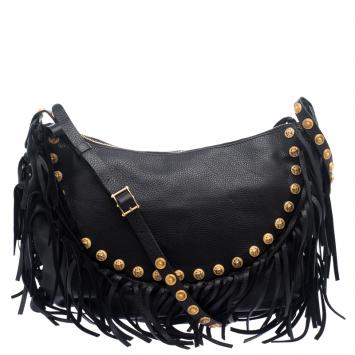 Pre Owned Valentino Black Leather C Rockee Studded Fringe Hobo