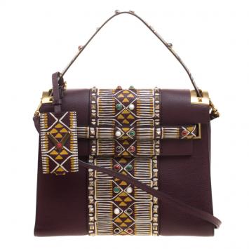 Pre Owned Valentino Burgundy Painted Leather My Rockstud Top Handle Bag