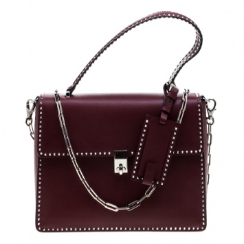 Pre Owned Valentino Burgundy Leather Studded Micro Rockstud Top handle Bag
