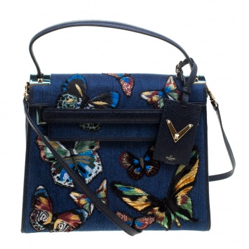 Pre Owned Valentino Blue/Multicolor Denim Butterfly My Rockstud Top Handle Bag