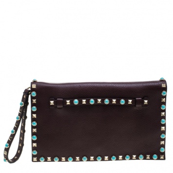 Pre Owned Valentino Burgundy Leather Rockstud Wristlet Clutch
