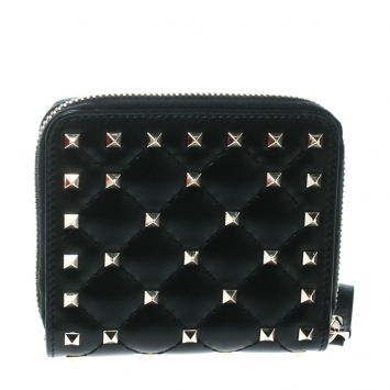 Pre Owned Valentino Black Leather Rockstud Zip Around Flap Wallet