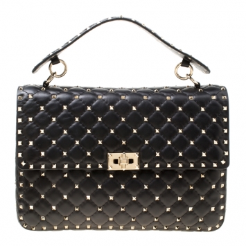 Pre Owned Valentino Black Leather Large Rockstud Top Handle Bag